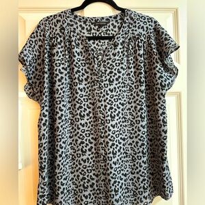 Banana Republic Light Blue and Black Leopard Blouse with Flutter Sleeves